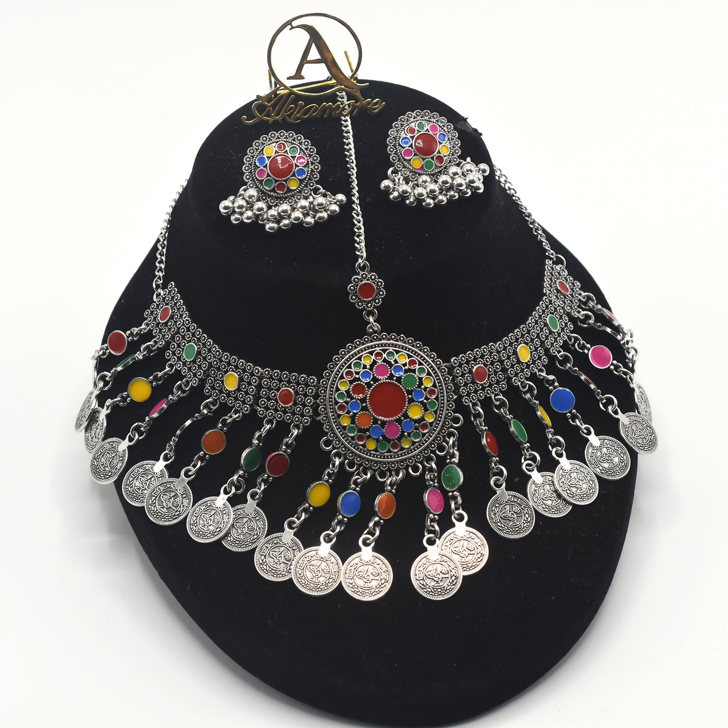 Afghani Traditional Matha Patti With Earrings Multi Colour Antique For Girl And Women  mpfrara4l-a