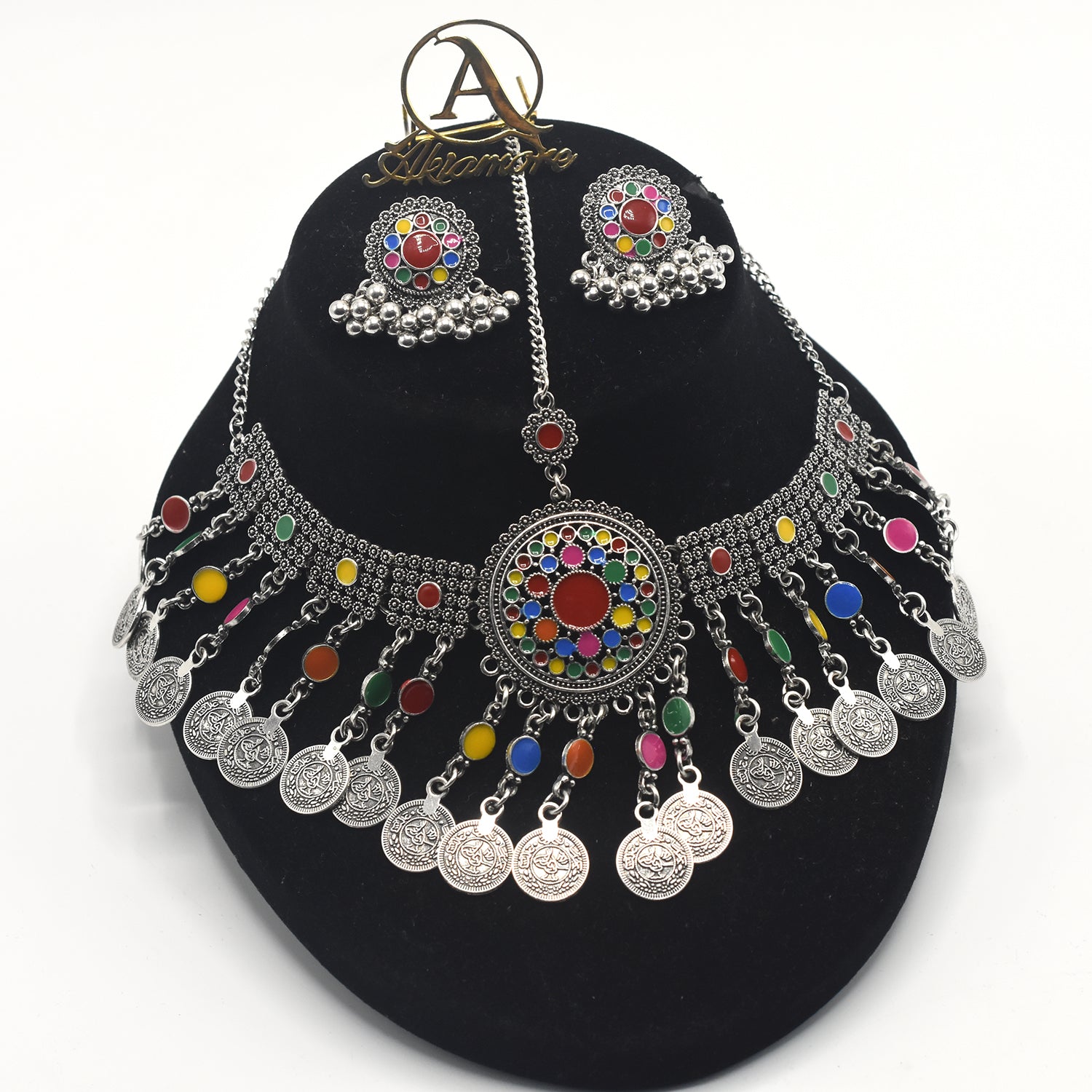 Afghani Traditional Matha Patti With Earrings Multi Colour Antique For Girl And Women  mpfrara4l-a