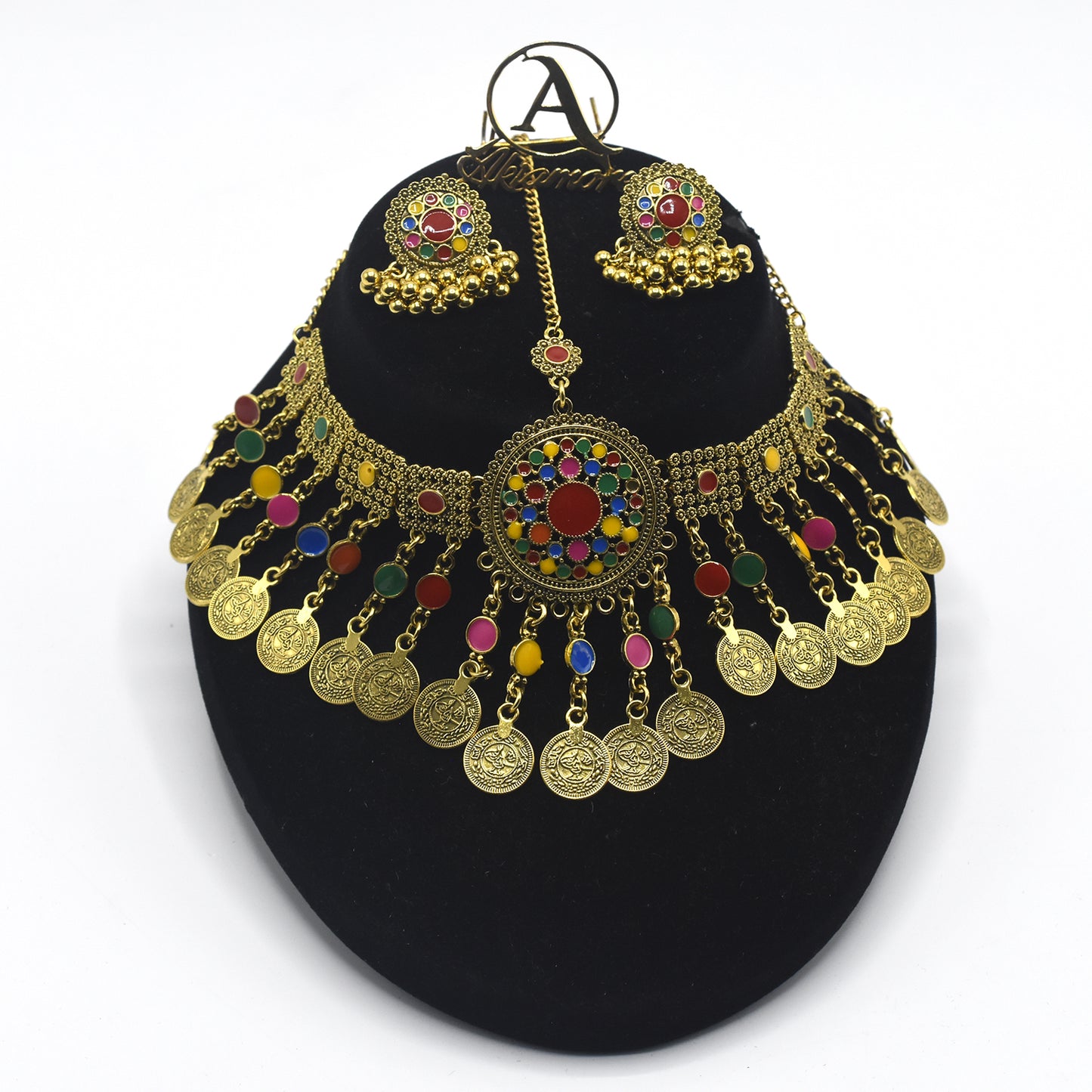 Afghani Traditional Matha Patti With Earrings Multi Colour Antique For Girl And Women  mpfrara4l-a