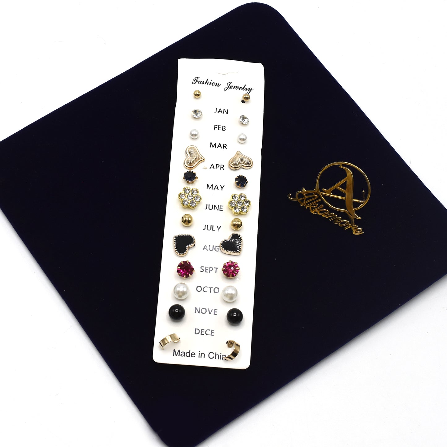 Pack Of 12 Pairs - Attractive Stud Earrings Card For Girls - Multicolor