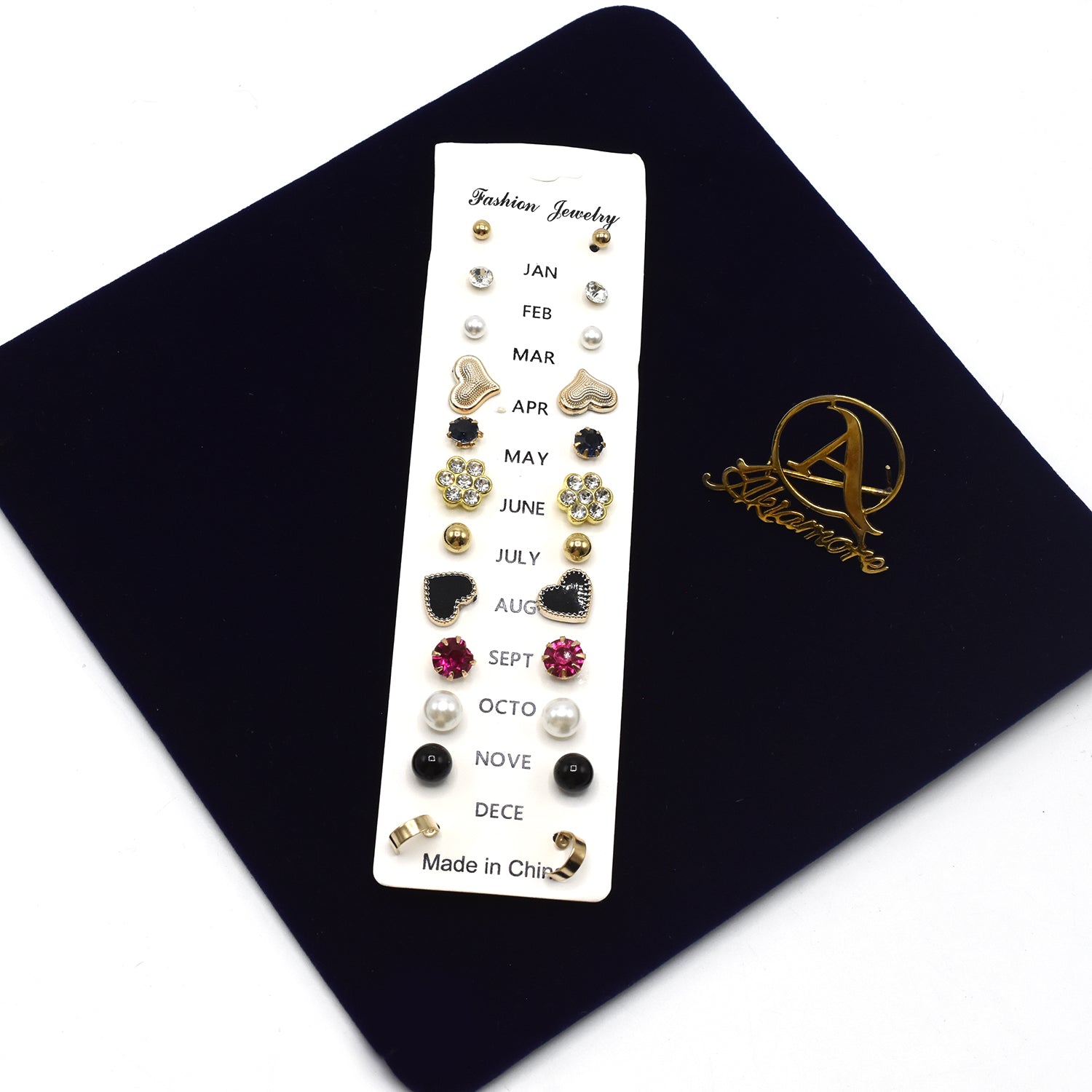 Pack Of 12 Pairs - Attractive Stud Earrings Card For Girls - Multicolor