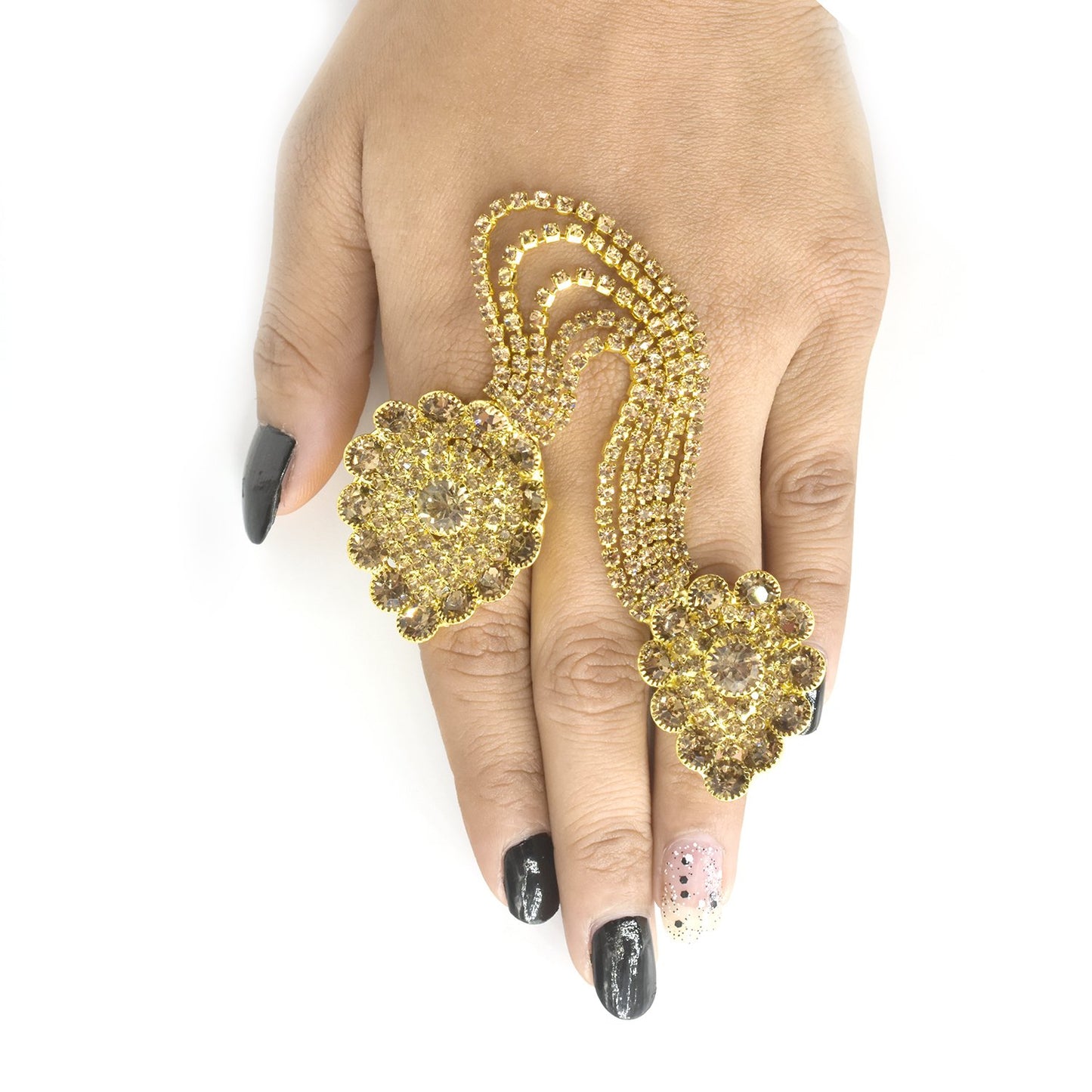 Rhinestone Flower  Full Finger Rings for Women Gold Chian Link Double Armor Ring fgfrgdf1f-1