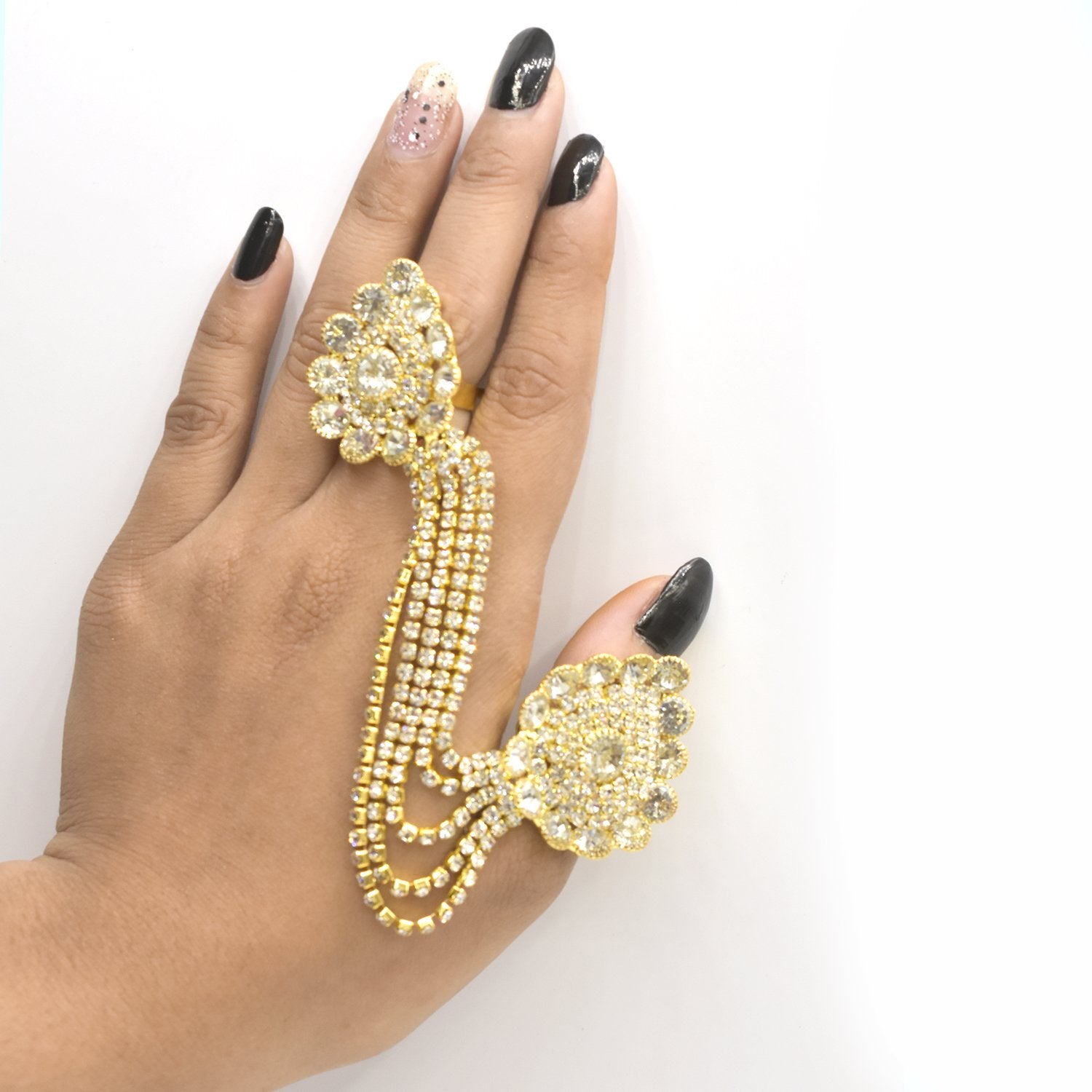 Rhinestone Flower  Full Finger Rings for Women Gold Chian Link Double Armor Ring fgfrgdf1f-1