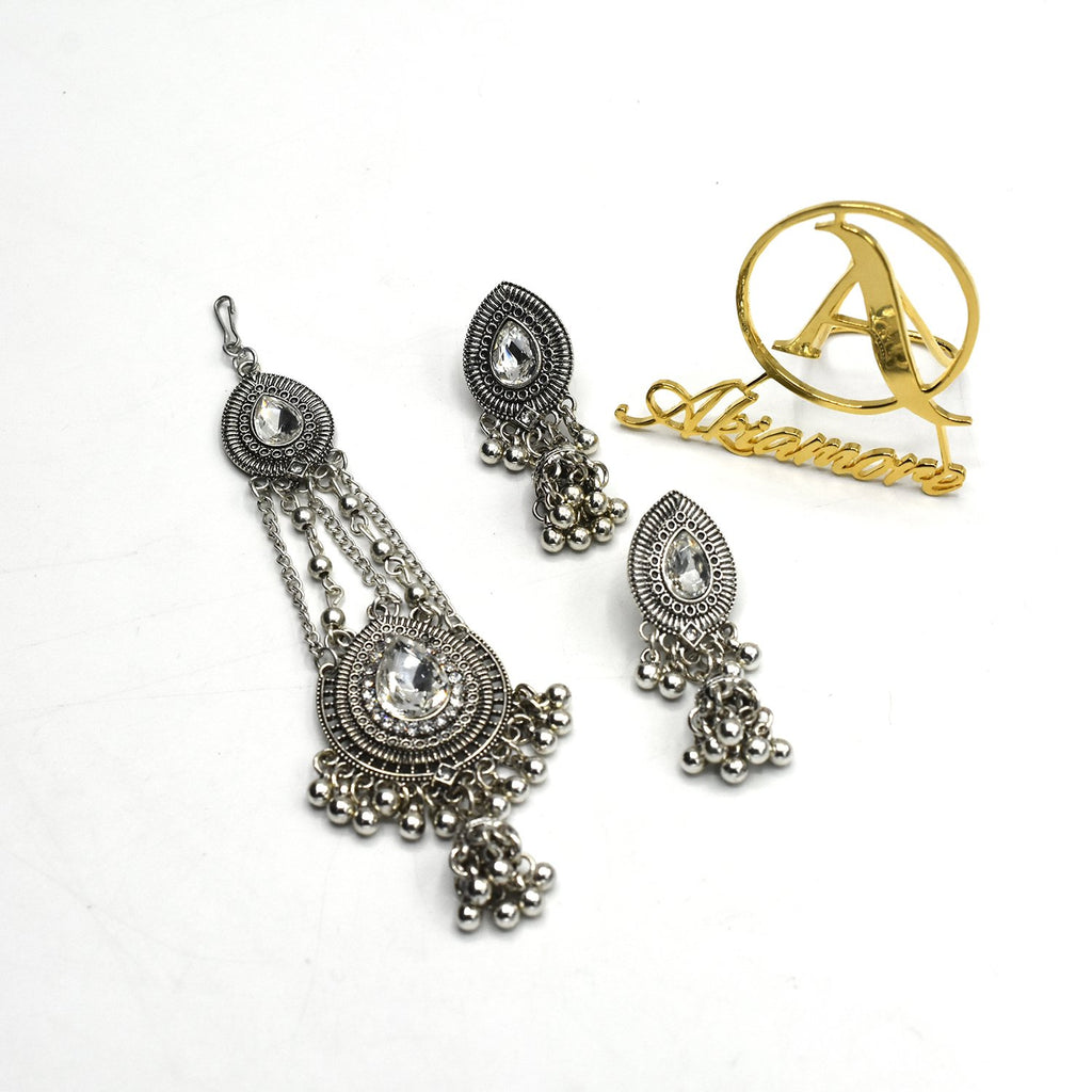Antique Silver Golden Chandbali Earring and Maang Tikka Set egfrarb1a-1