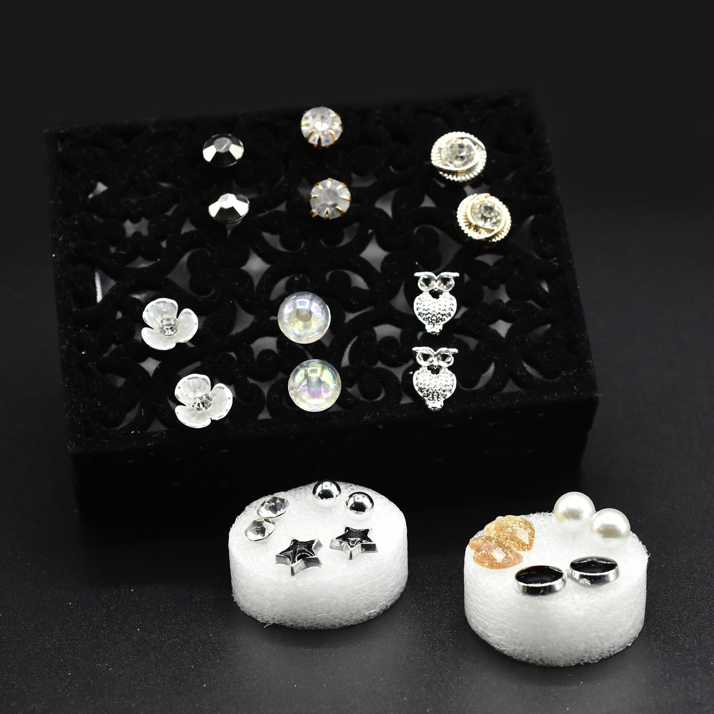 12 Pair/Set Fashion Women Round Shiny Rhinestone Crystal Flower Stud Earring For Lady's Mixed Ear Studs Jewelry Gift egfrsrc1h-1