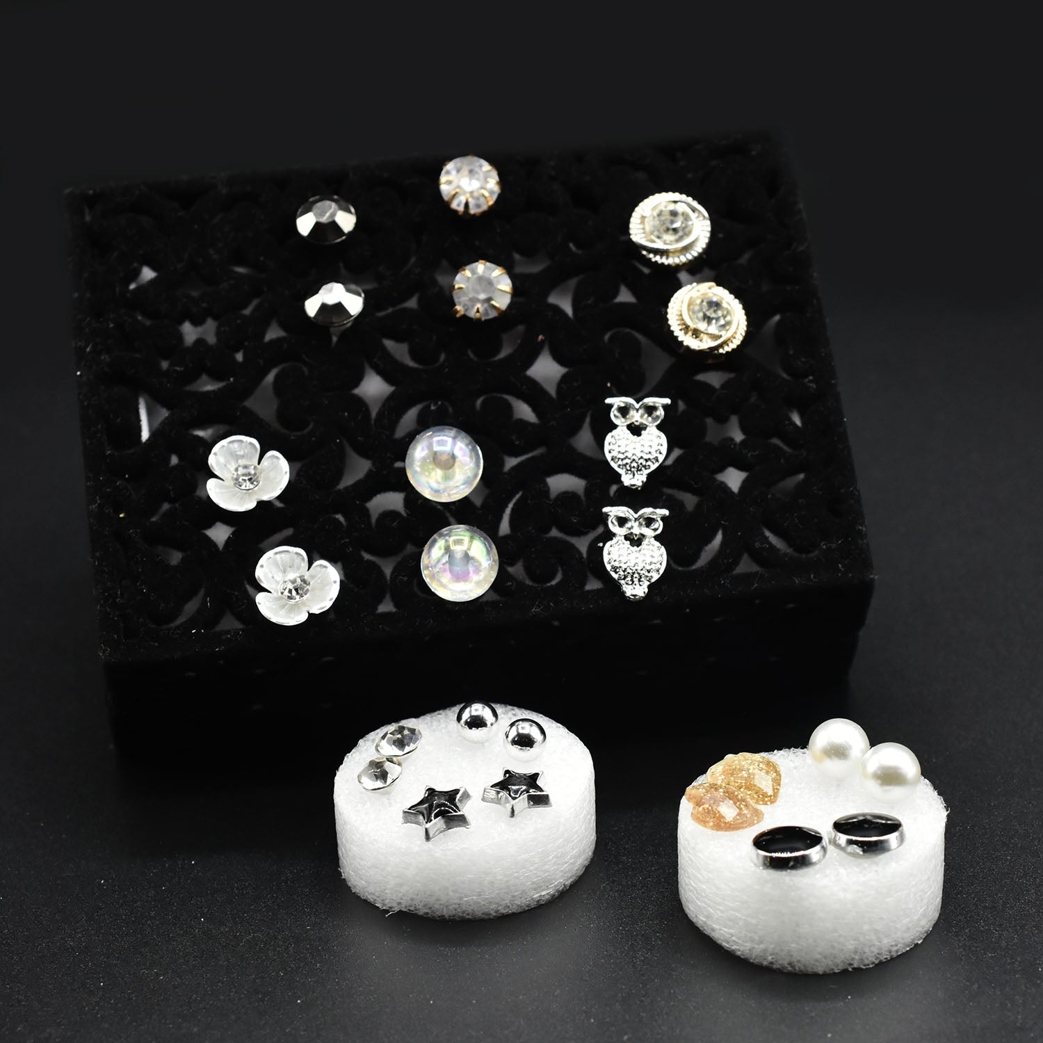 12 Pair/Set Fashion Women Round Shiny Rhinestone Crystal Flower Stud Earring For Lady's Mixed Ear Studs Jewelry Gift egfrsrc1h-1