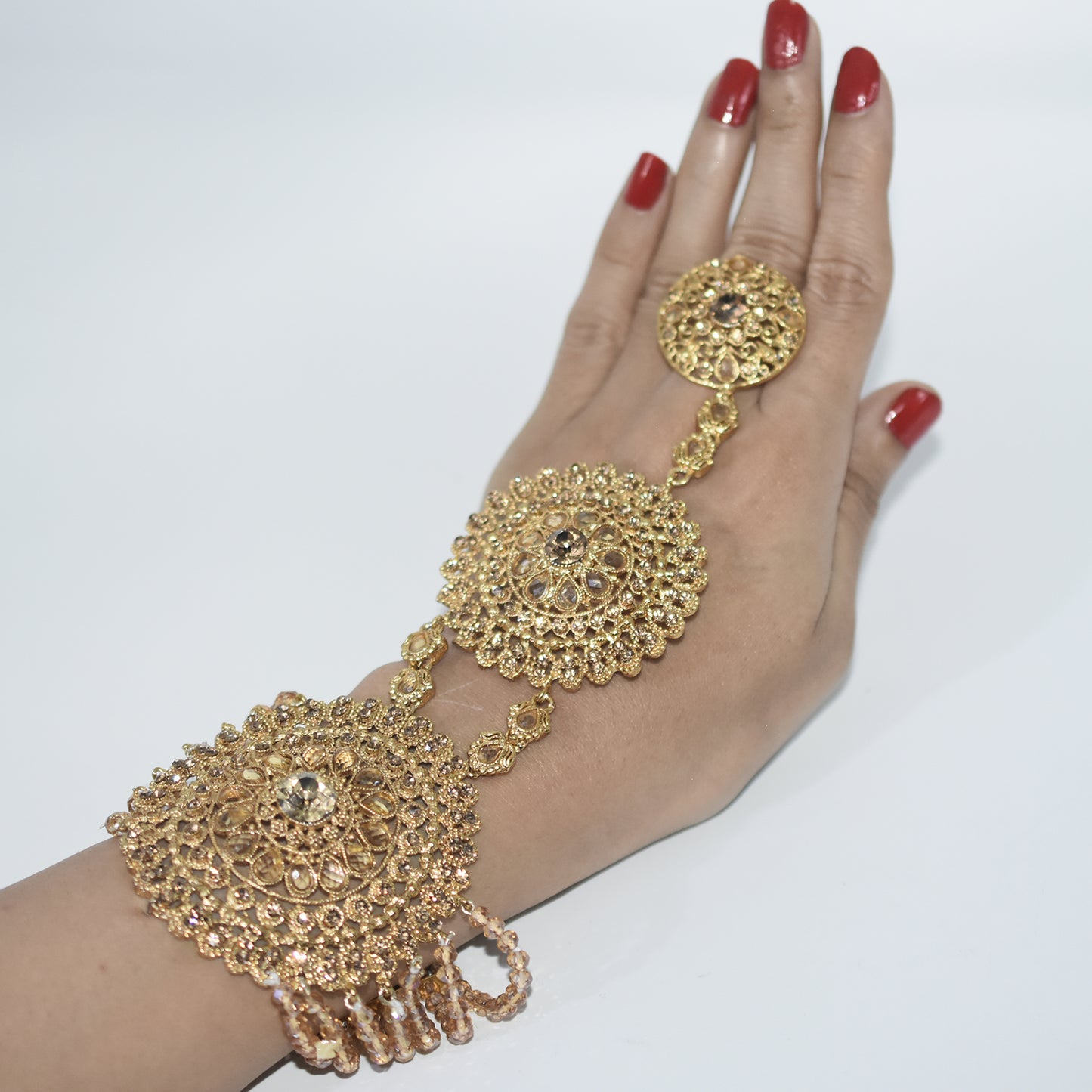 Gold Plated Bridal Hand Bracelets with Adjustable Ring - Hand Bangle for Girls aafrsna6b-4