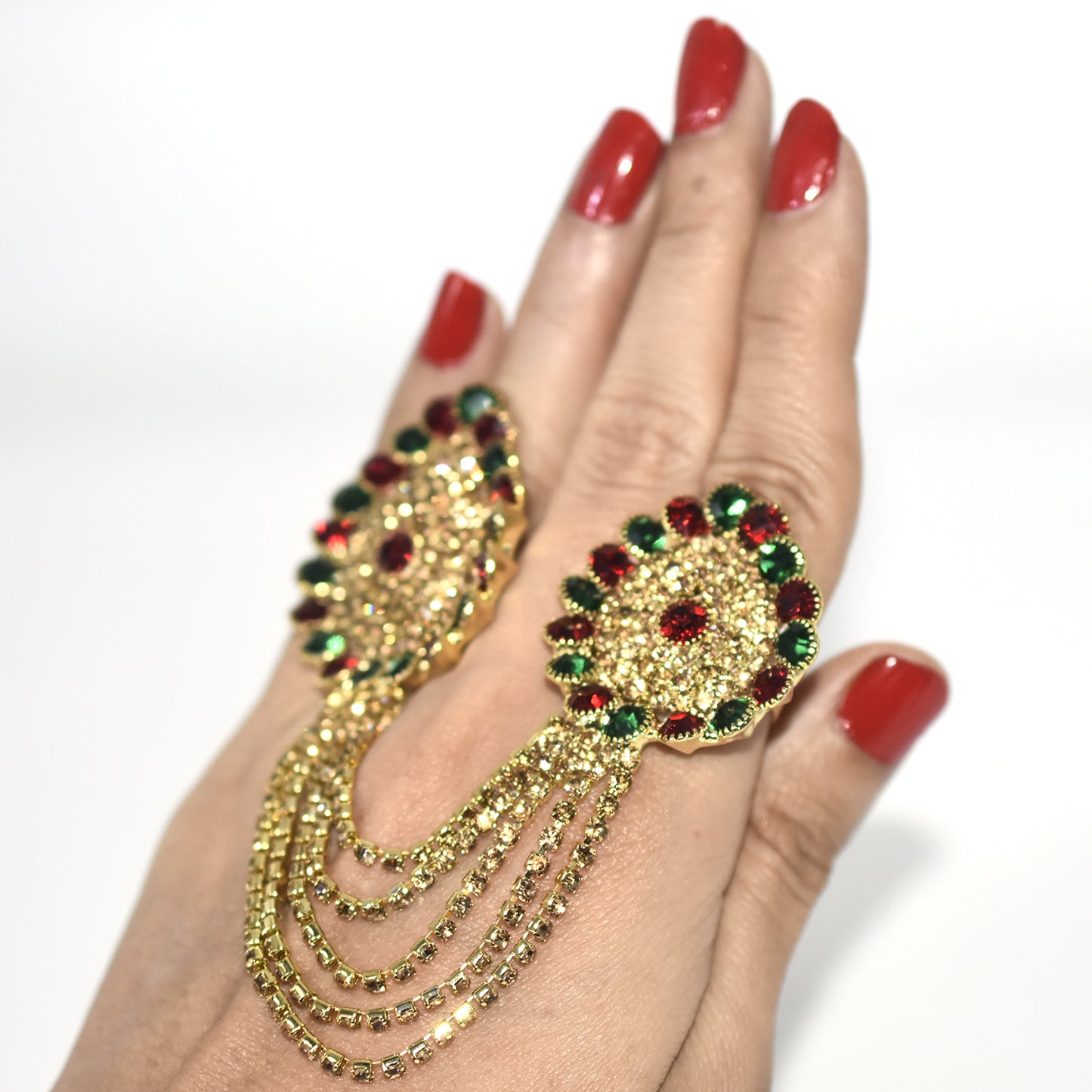 Rhinestone Flower  Full Finger Rings for Women Gold Chian Link Double Armor Ring fgfrgdf1f-1
