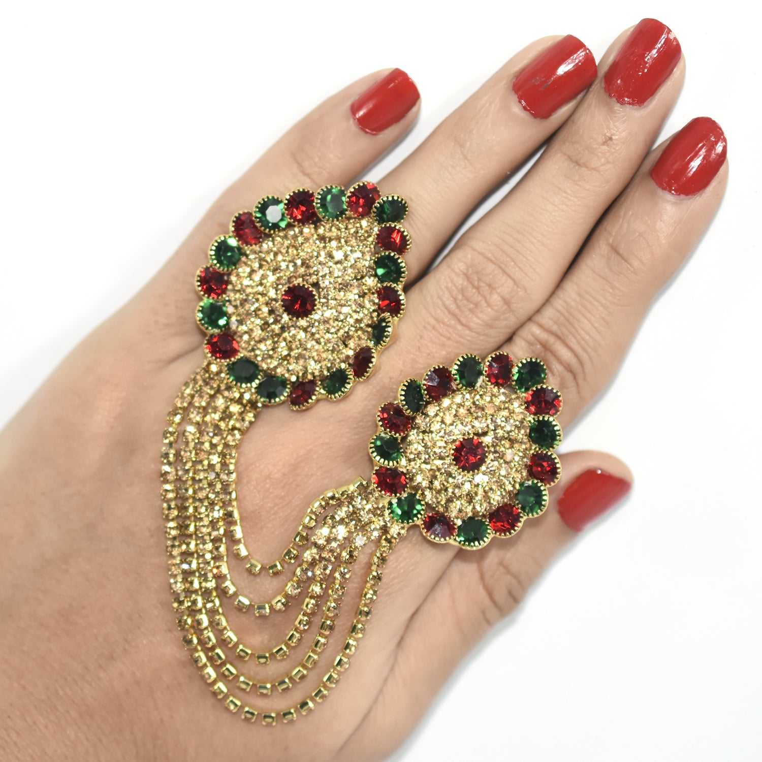 Rhinestone Flower  Full Finger Rings for Women Gold Chian Link Double Armor Ring fgfrgdf1f-1
