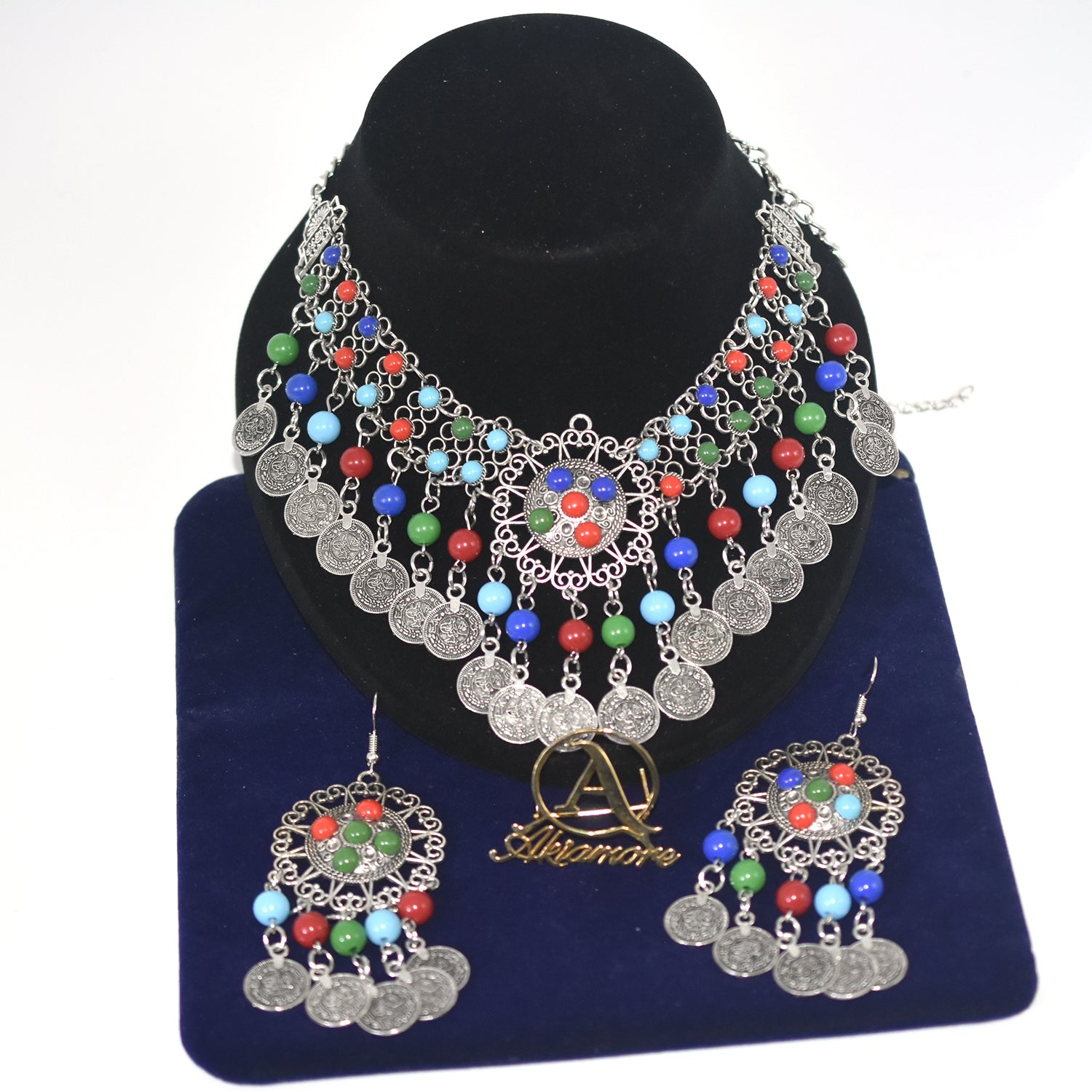 Antique gold mirror pasted bead hanging pendant chain necklace and earring set - Flower design jtfrmia8c-3
