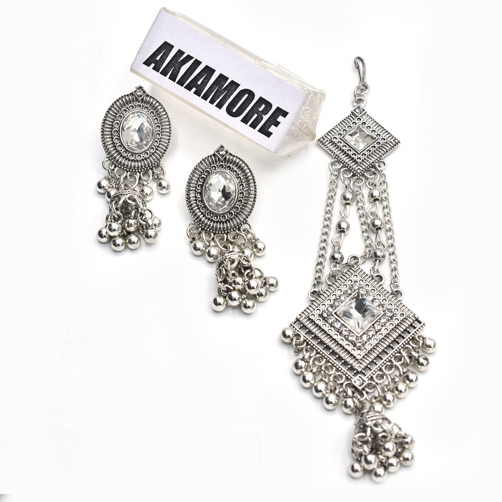 Antique Head Chain Tikka Jewellery Hair Jhumar Bollywood Matha Patti and Drop Earrings Wedding Bridal Party Jewellery