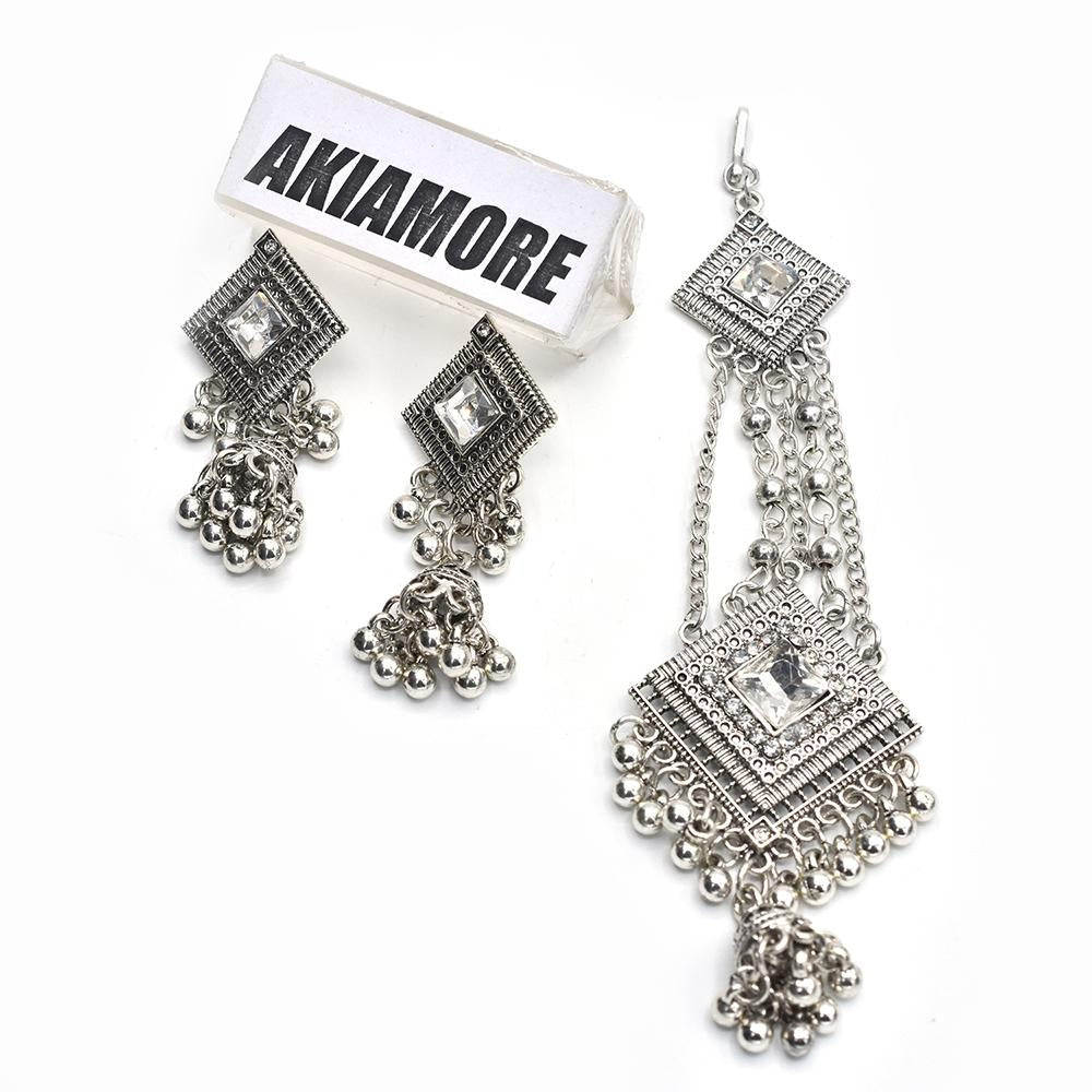 Antique Golden and Silver Plated  Studded Floral Maang Tikka with Drop Earrings Set for Women egfrarb1a-1