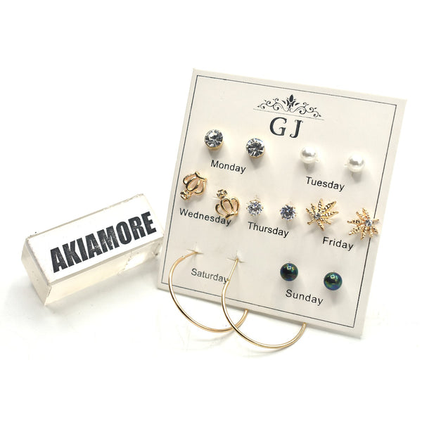 pack of 7 pair stud earrings with rhinestone and acrylic resin flower design in gold tone egfrgrc1e-1