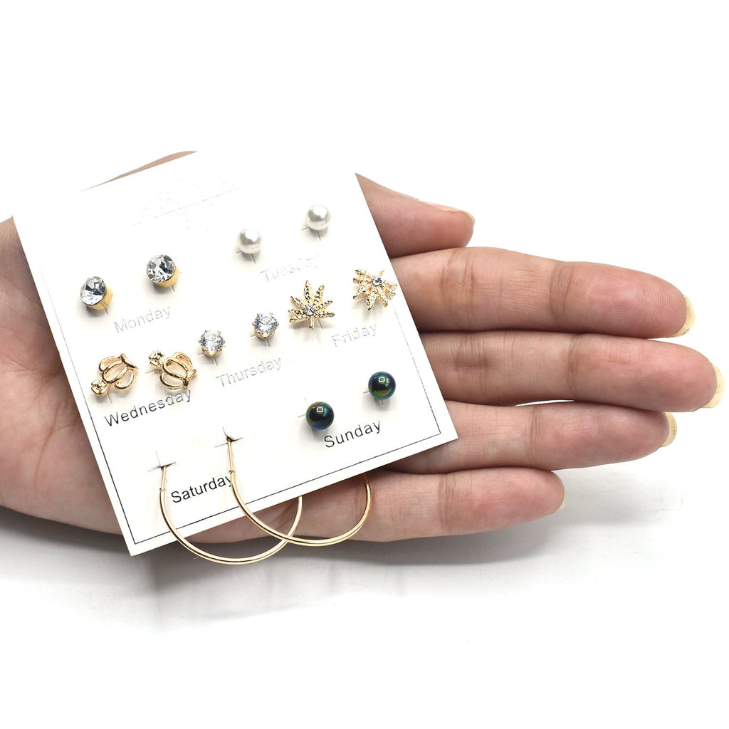 pack of 7 pair stud earrings with rhinestone and acrylic resin flower design in gold tone egfrgrc1e-1