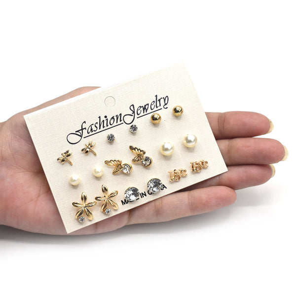 New Style Rhinestone Stud Earring Set For Women Hot-selling Cute Flower Mixed Imitation Pearl Earring Sets 9 Pairs egfrgrc1c-1