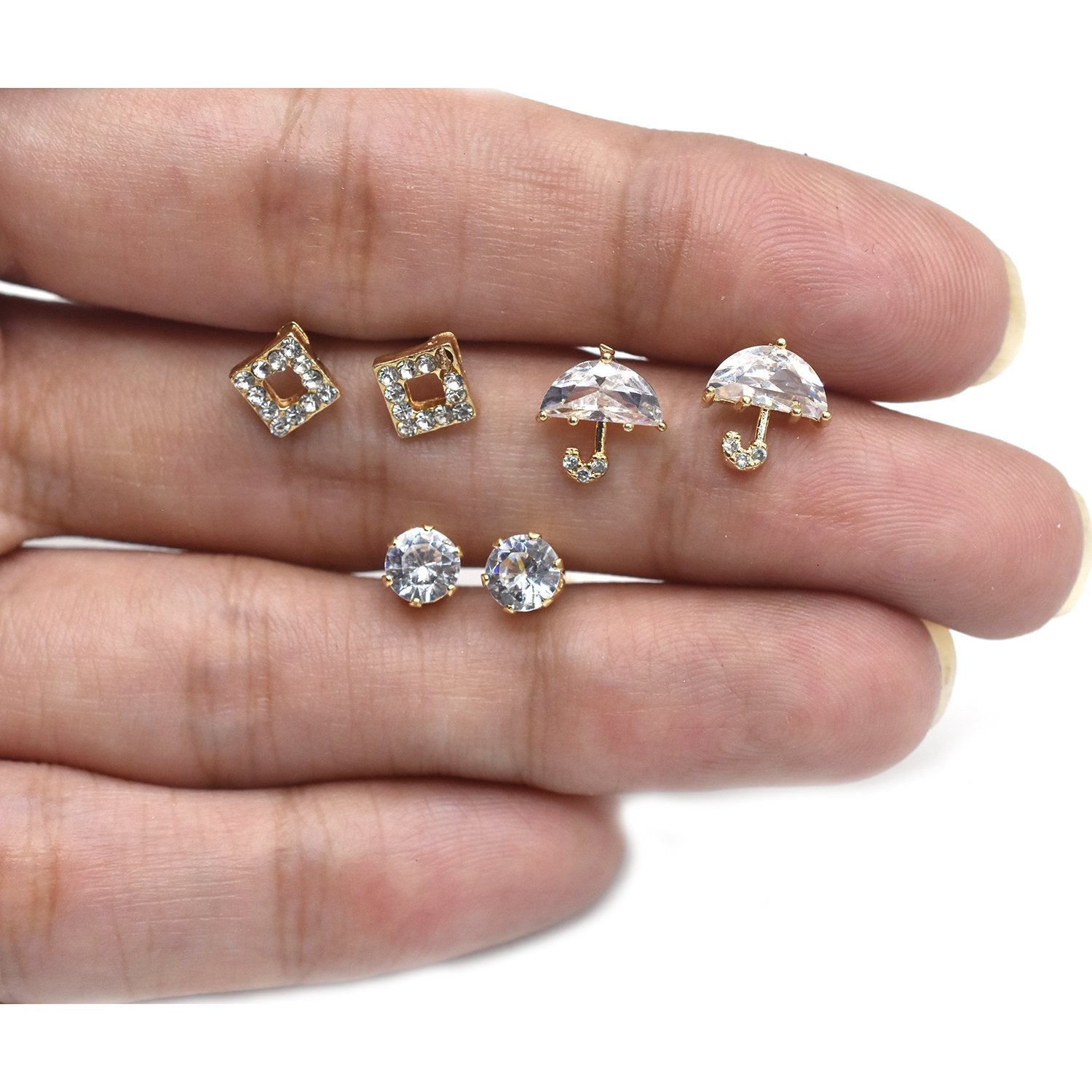3 Pairs Small Geometric  Stud Earrings Gold Color Cubic Zircon Crystal Earrings Women Ear Jewelry