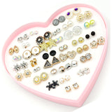 36 Pairs/Lot Mix Star Heart Flower Small Earrings Set for Women Geometric Golden Silver Color Rhinestone Stud Earring Fashion Jewelry