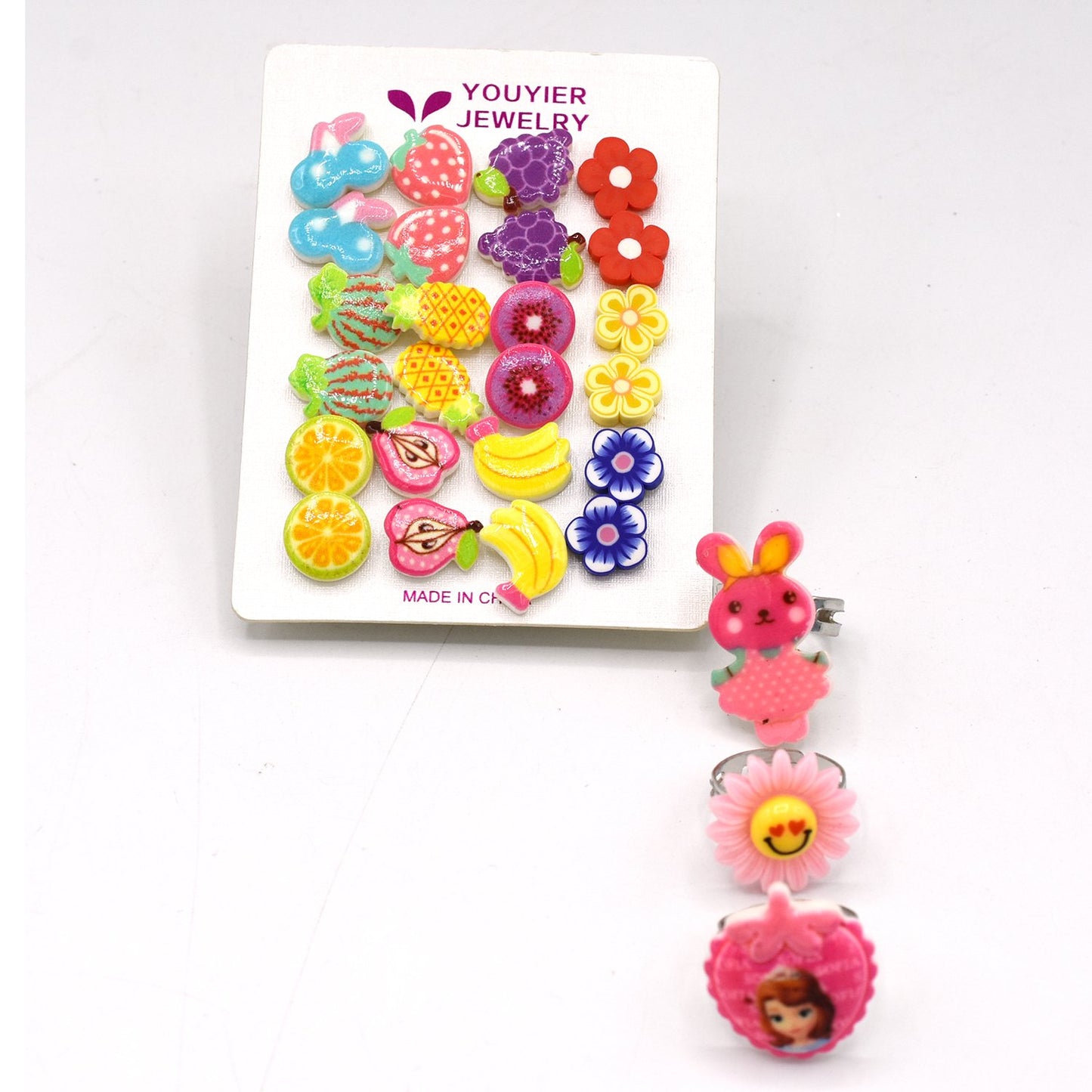 12 Pairs/Set Earrings and 3 Finger Rings Fashion  Fruits Cartoon Earrings For Women Girls Children