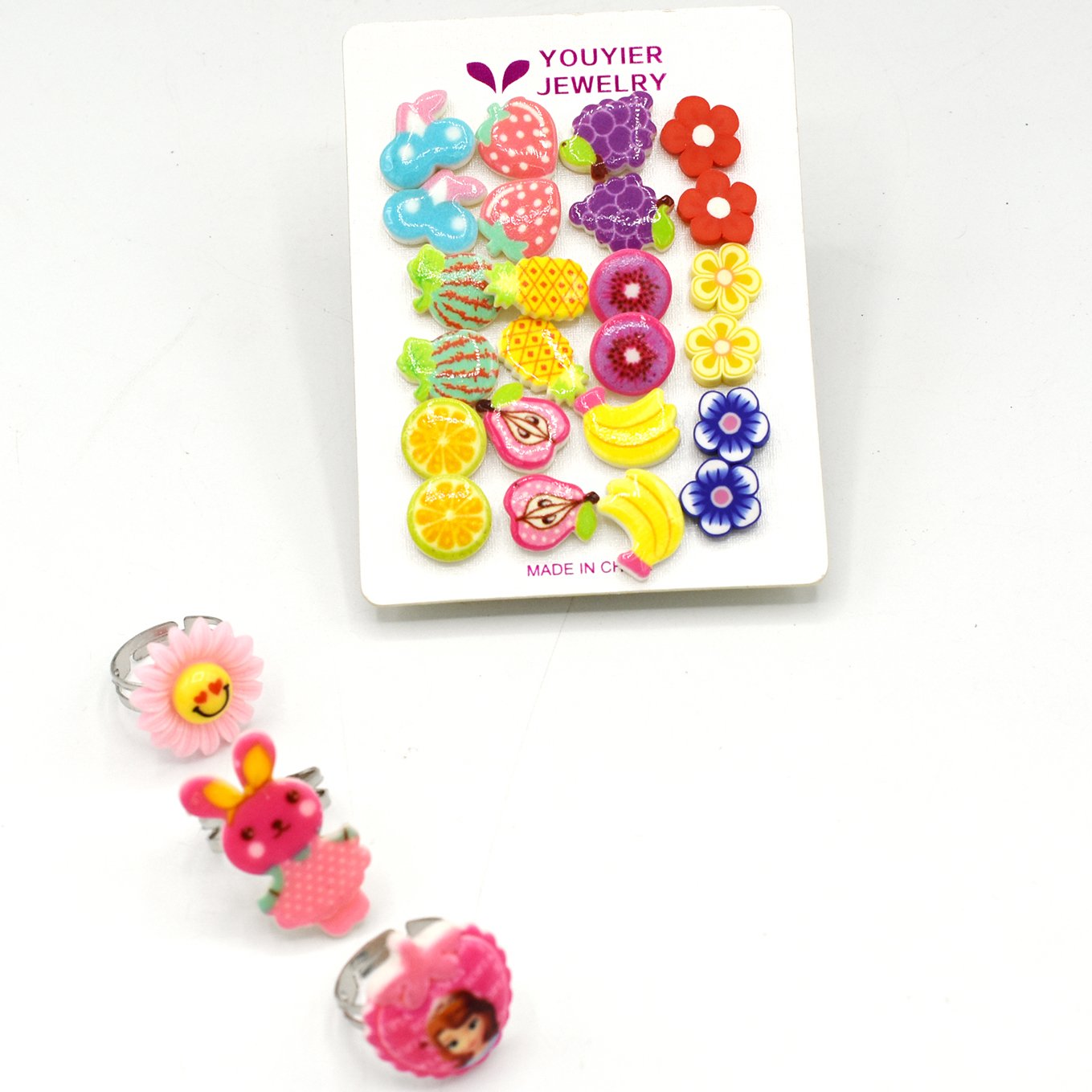 12 Pairs/Set Earrings and 3 Finger Rings Fashion  Fruits Cartoon Earrings For Women Girls Children