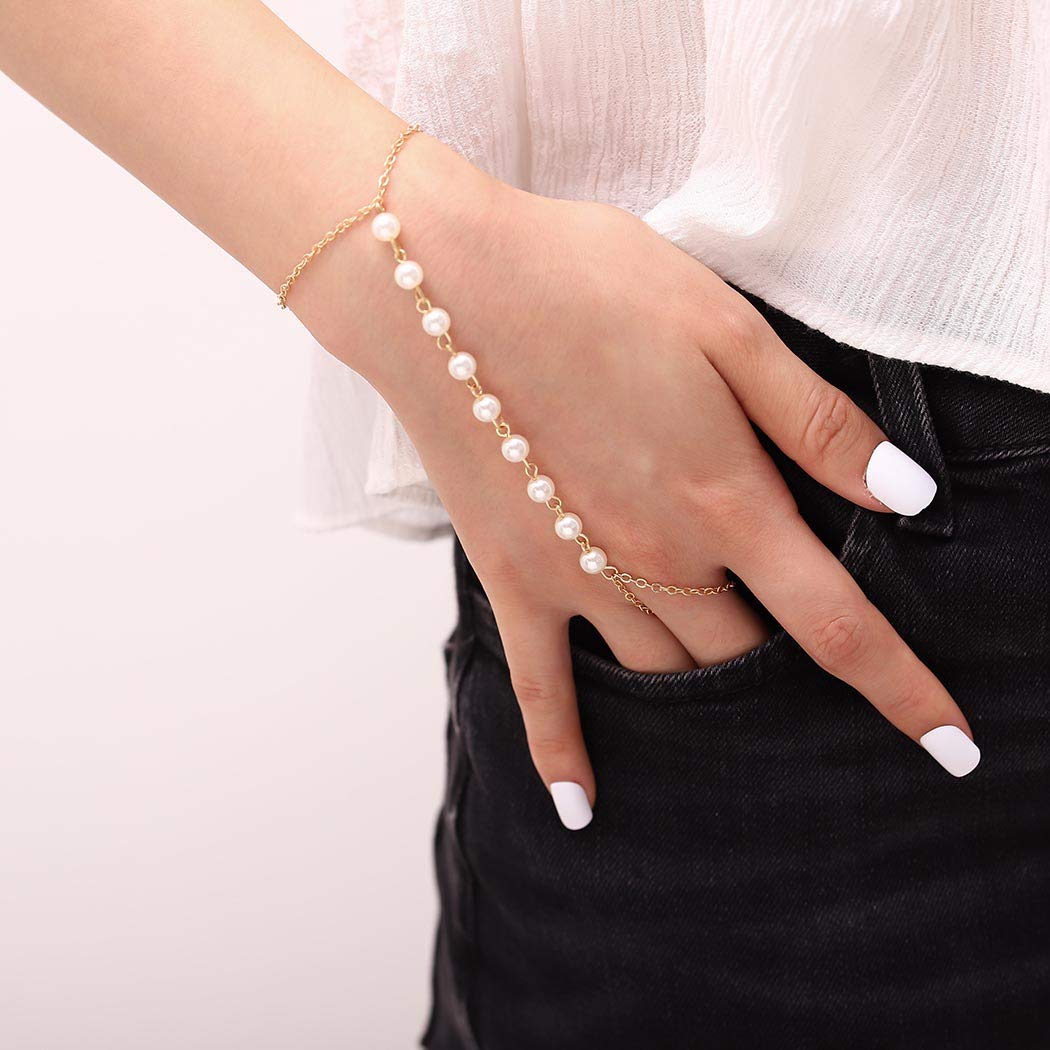 Women\'s Fashion Faux Pearl Bracelet Link Finger Ring Hand Chain Harness Jewelry