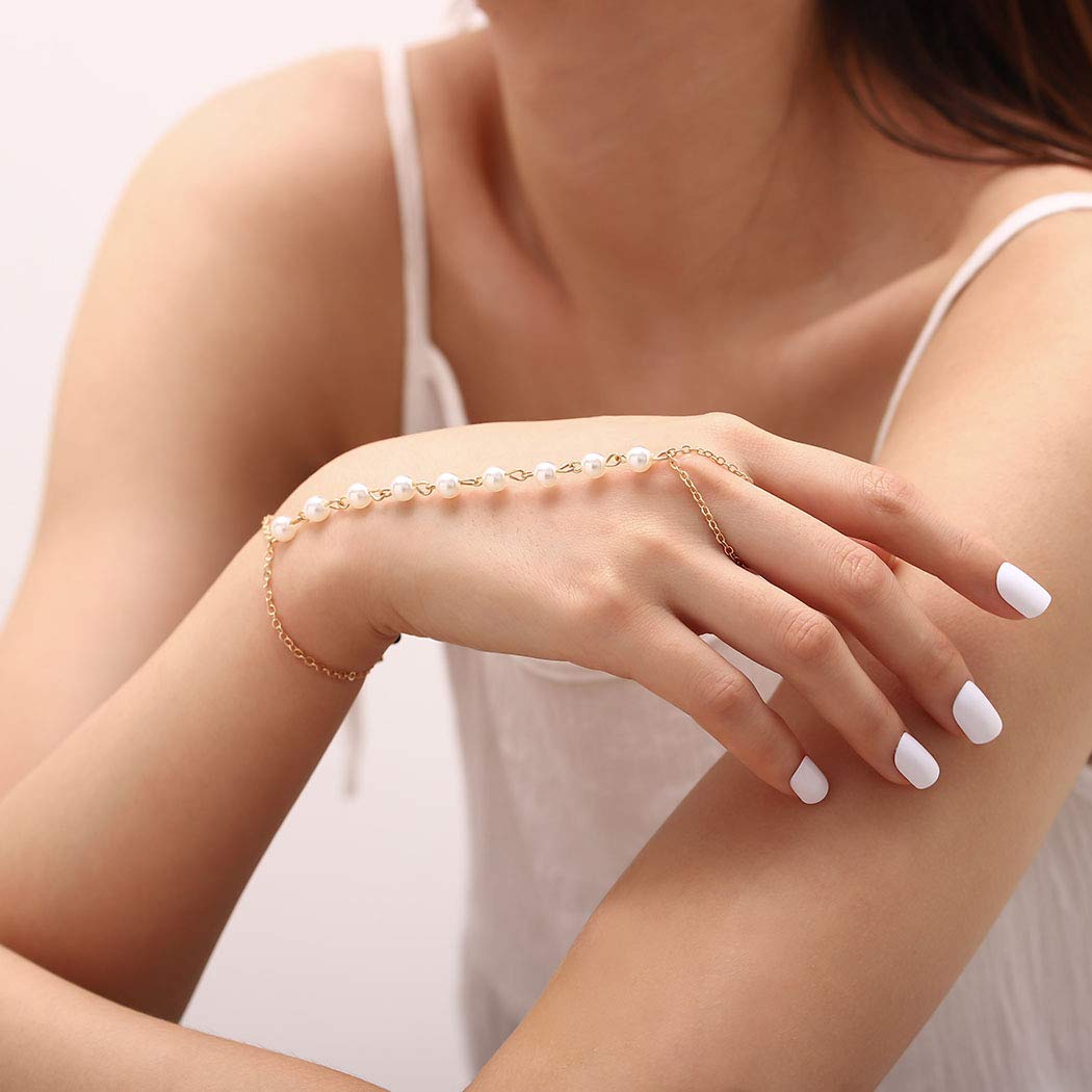 Women\'s Fashion Faux Pearl Bracelet Link Finger Ring Hand Chain Harness Jewelry