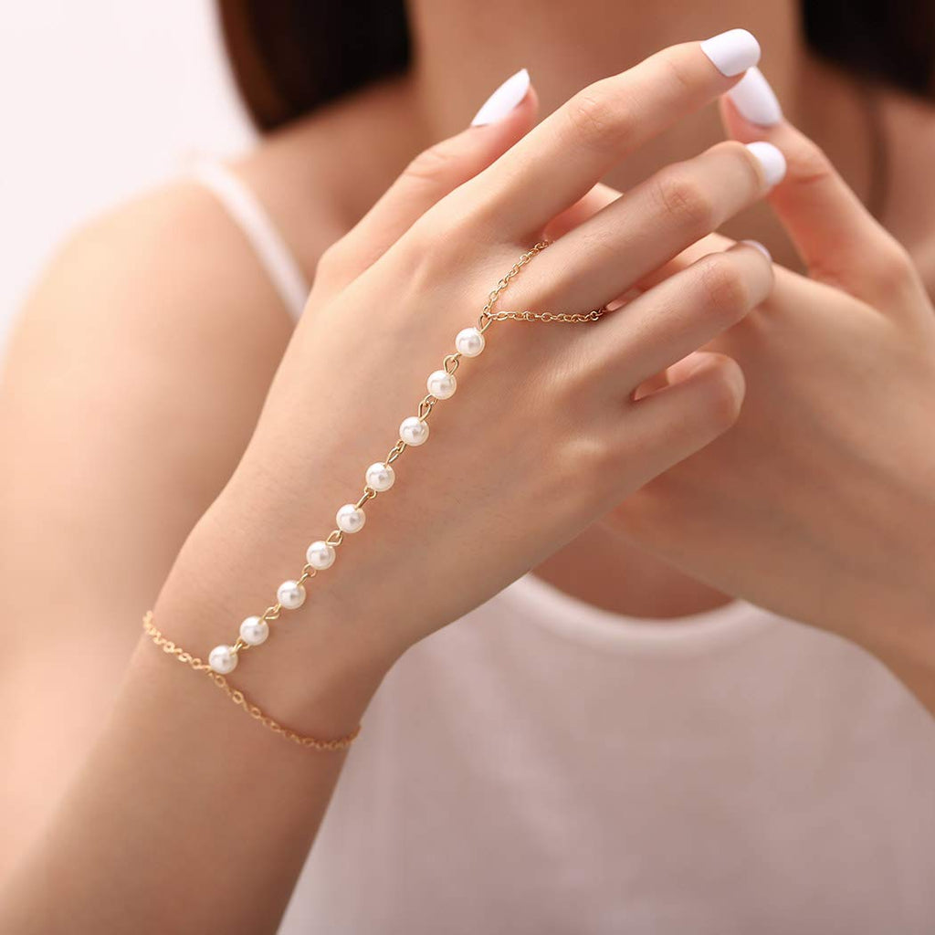 Women\'s Fashion Faux Pearl Bracelet Link Finger Ring Hand Chain Harness Jewelry