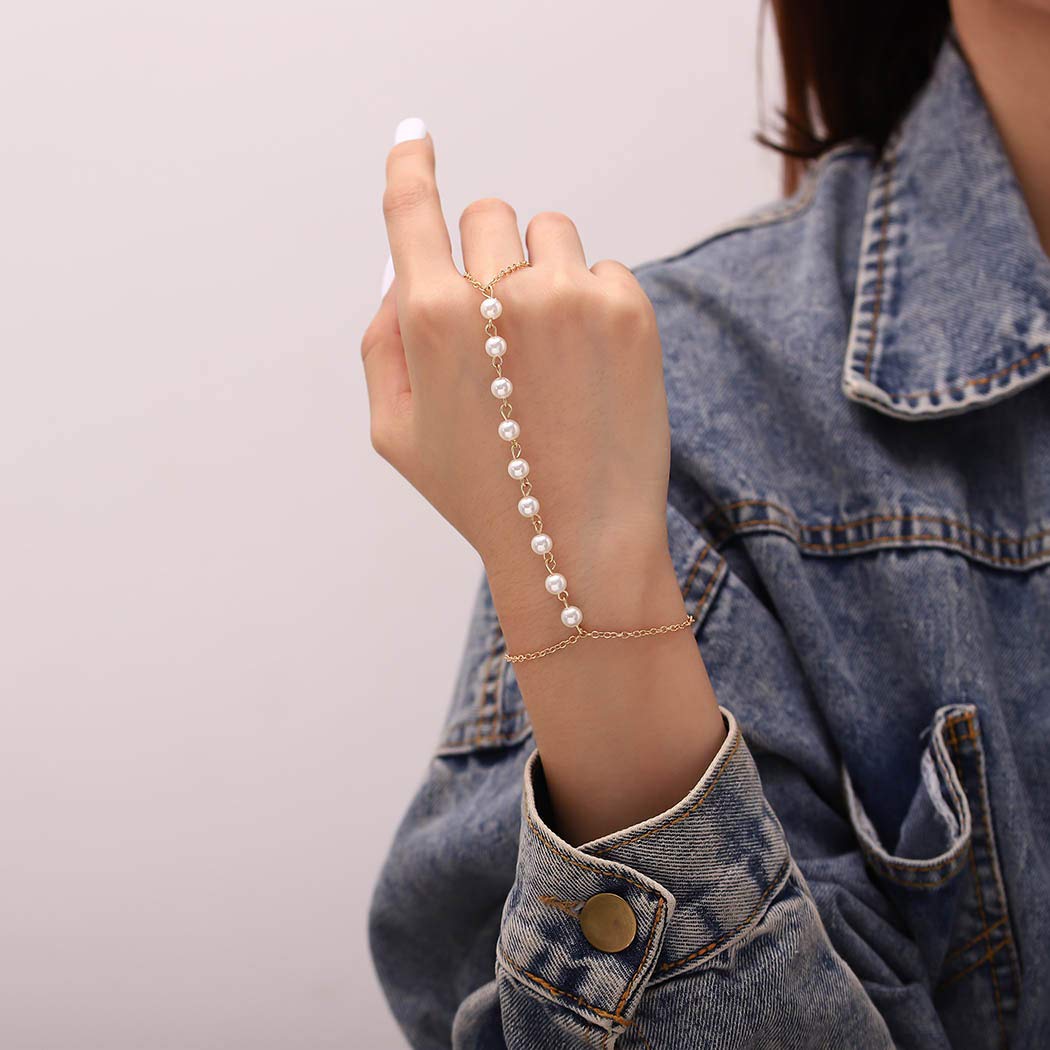 Women\'s Fashion Faux Pearl Bracelet Link Finger Ring Hand Chain Harness Jewelry