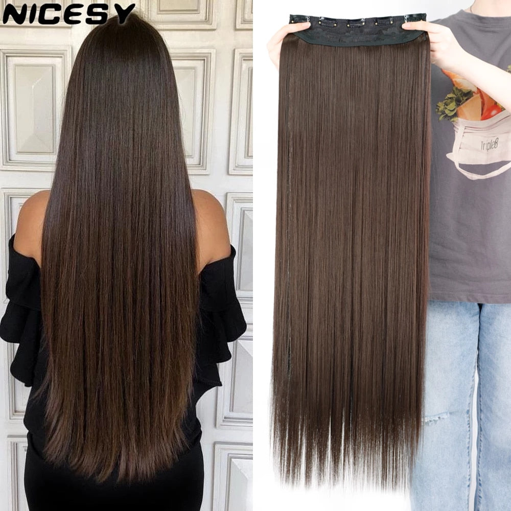 Synthetic Long Straight Hairstyles Synthetic 5 Clip In Hair Extension Heat Resistant Hairpieces Brown Black Piece For Women