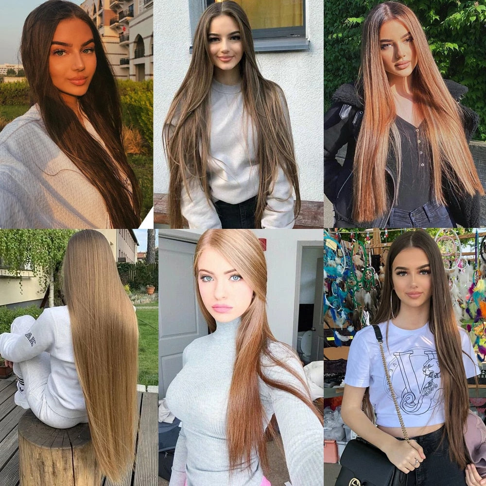 Synthetic Long Straight Hairstyles Synthetic 5 Clip In Hair Extension Heat Resistant Hairpieces Brown Black Piece For Women