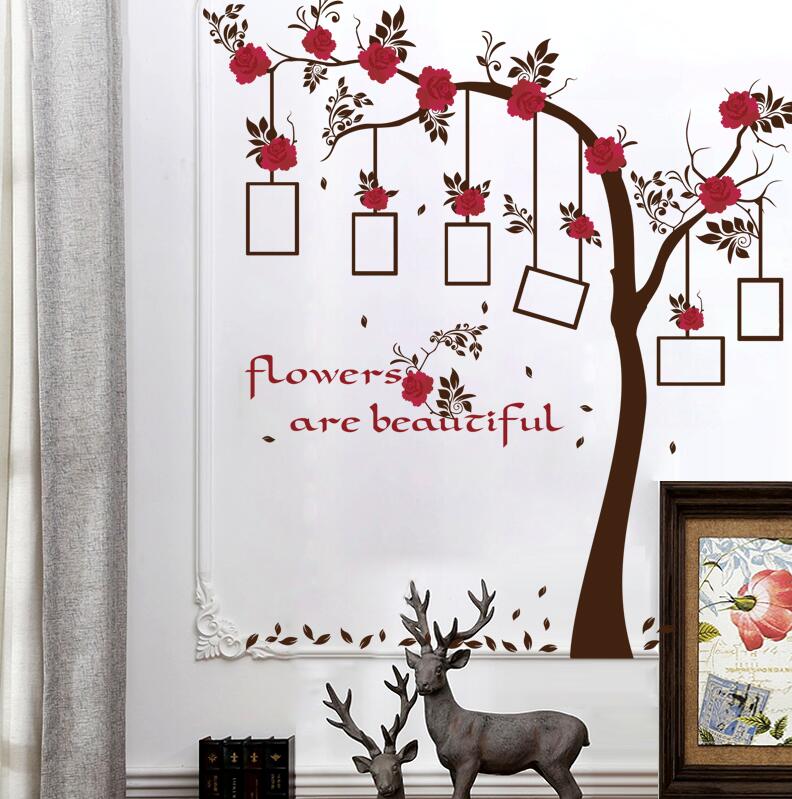 SK9086 New Chic Family Red Flowers Photo Frame Tree Wall Sticker Living Room Decor Room Decals