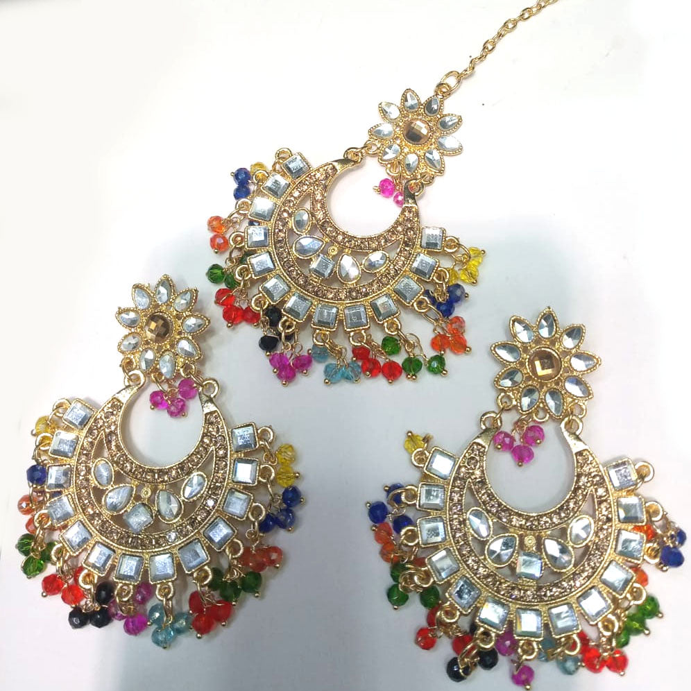 Multi Pearls And Diamond Earrings With Maang Tikka