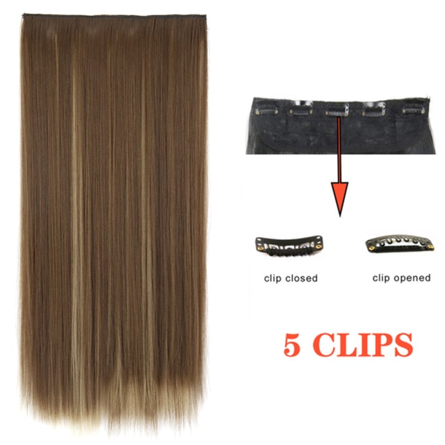 Synthetic Long Straight Hairstyles Synthetic 5 Clip In Hair Extension Heat Resistant Hairpieces Brown Black Piece For Women