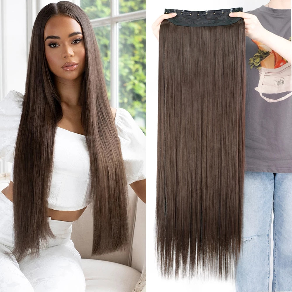 Synthetic Long Straight Hairstyles Synthetic 5 Clip In Hair Extension Heat Resistant Hairpieces Brown Black Piece For Women
