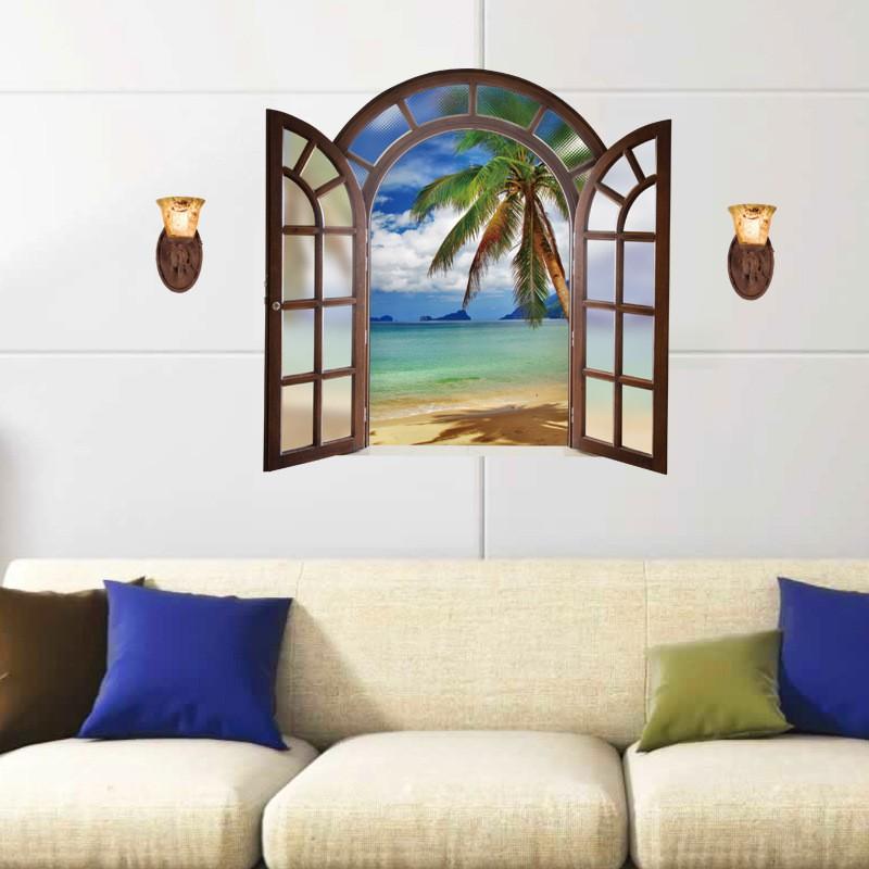 3D Wall Sticker SK9062B Fake Window Blue Sea View European Style Bedroom Living Room Entrance Decoration Self-adhesive Wall Sticker