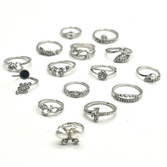 15 pcs/set Retro Leaf Big Crystal Heart Finger Rings Set Female Open Joint Ring Toe Knuckle Rings for Women Body Jewelry fgfrsrf1y-e