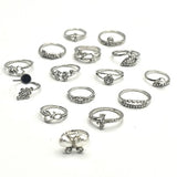 15 pcs/set Retro Leaf Big Crystal Heart Finger Rings Set Female Open Joint Ring Toe Knuckle Rings for Women Body Jewelry fgfrsrf1y-e