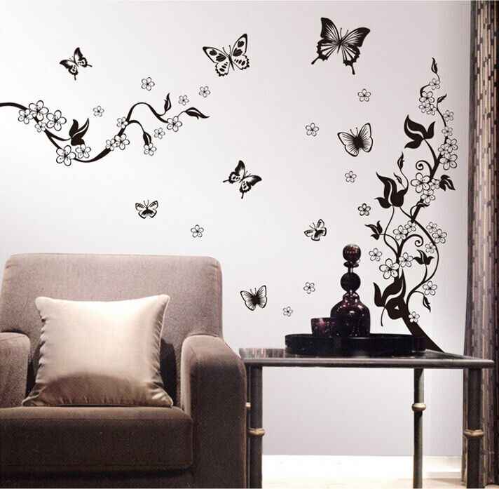 AY9124 Black Butterfly Flower rattan DIY Removable Wall Stickers Living Room TV/Sofa Background Wall Stickers
