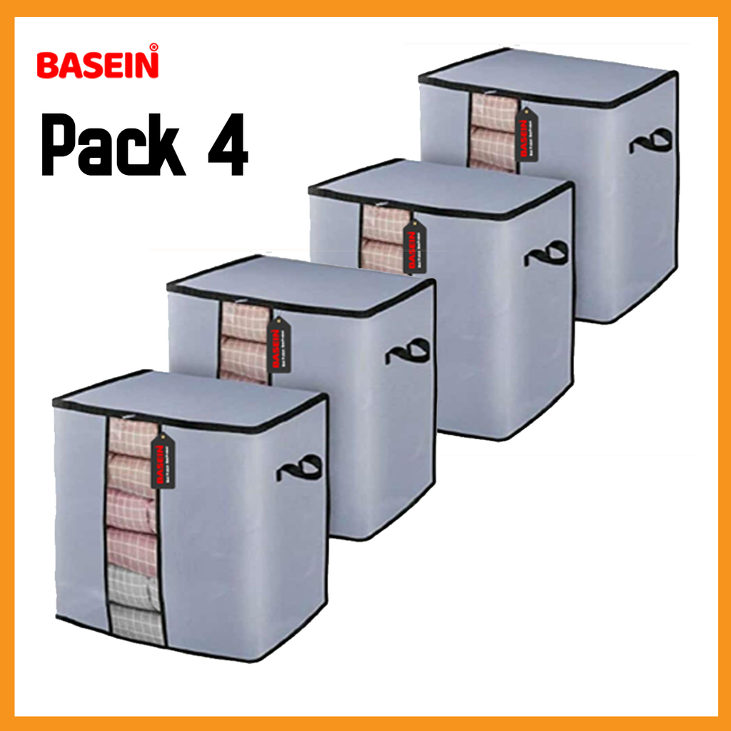 BASEIN Pack 4 Large Storage Bags, Storage Bag Clothes Storage Box Bins Foldable Closet Organizers Storage Containers with Durable Handles Thick Fabric for Blanket Comforter Clothing Bedding